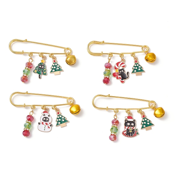 4 шт. сплав эмалевых подвесок-брошей в виде килта, с железными булавками и стеклянными бусинами, фигурка кота с елкой и снеговиком, золотые