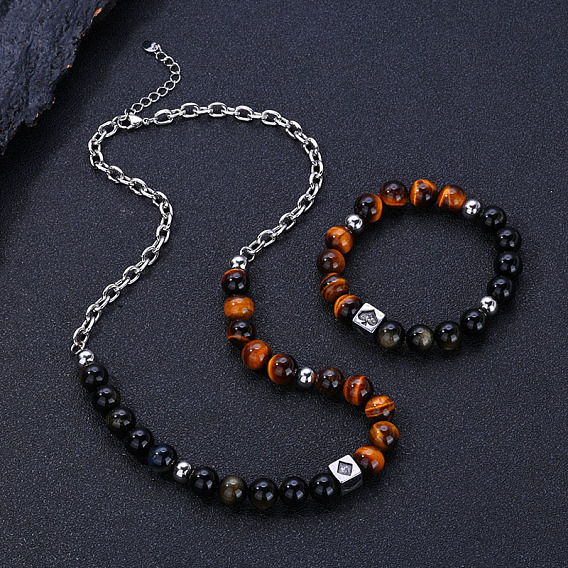 304 Наборы круглых бусин из нержавеющей стали, натурального тигрового глаза и натурального обсидиана