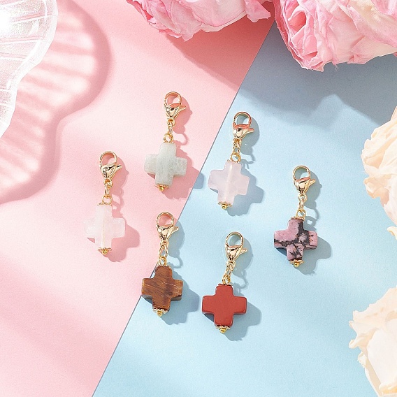 6 шт. подвесные украшения из драгоценных камней, крестик, с 304 из нержавеющей стали Lobster Claw застежками