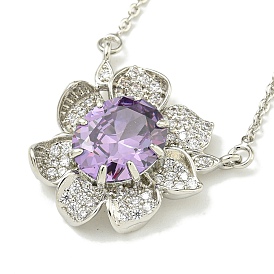 304 Stainless Steel Cable Chain Necklaces, Brass Clear & Lilac Cubic Zirconia Flower Pendant Necklaces