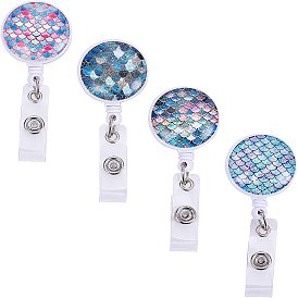 Plastic Retractable Badge Reel, Card Holders, with Iron Findings, Flat Round with Mermaid Fish Scale Pattern