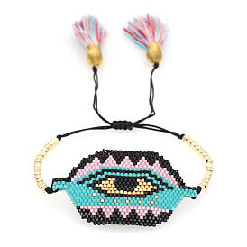 Glass Seed Braided Bead Bracelet with Double Tassel, Hexagon with Evil Eye Lucky Ethnic Style Bracelet for Women