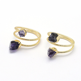 Natural Amethyst Finger Rings, with Brass Findings, Golden