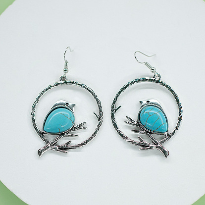 European and American Bird Branch Turquoise Earrings - Simple, Fashionable, Vintage Pendant Earrings.