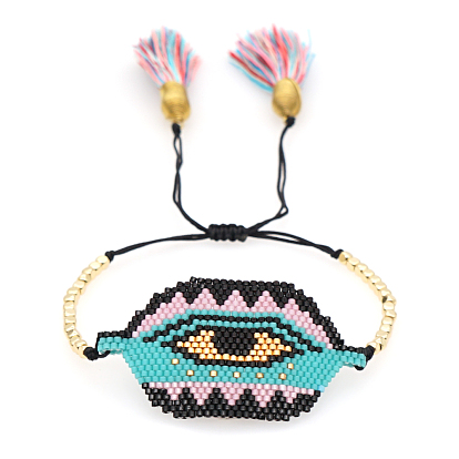 Glass Seed Braided Bead Bracelet with Double Tassel, Hexagon with Evil Eye Lucky Ethnic Style Bracelet for Women