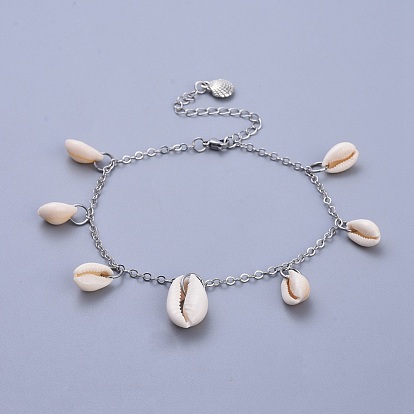 Brass Cable Chain Anklets, with Cowrie Shell and Tibetan Style Alloy Charms