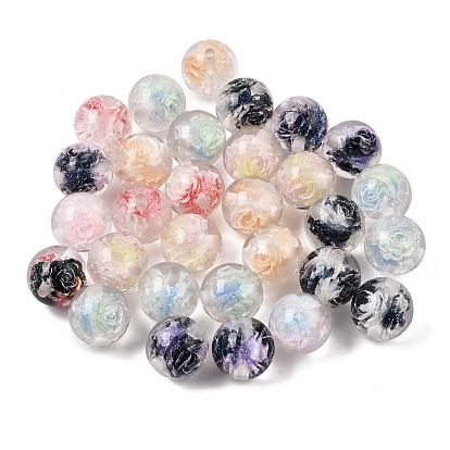 Plating Transparent Resin Beads, Round with Rose Flower, with Glitter Powder, Two Tone