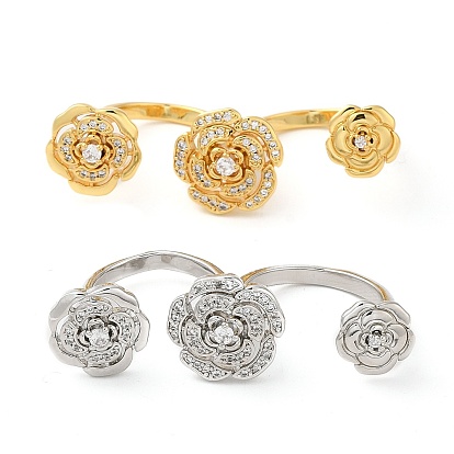 Brass Double Finger Rings, Open Cuff Rings, Cubic Zirconia Peony Flower Ring for Women