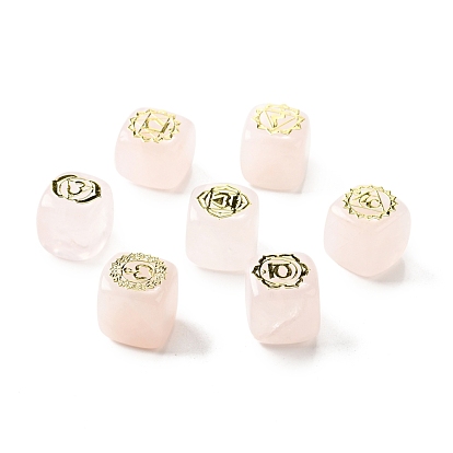7Pcs 7 Styles Natural Rose Quartz Beads, with Long-Lasting Plated Golden Tone Brass Chakra Pattern Slices, Lead Free & Cadmium Free, No Hole, Cube