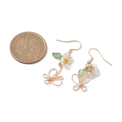 Brass Wire Wrap Butterfly Dangle Earrings, with Acrylic Flower
