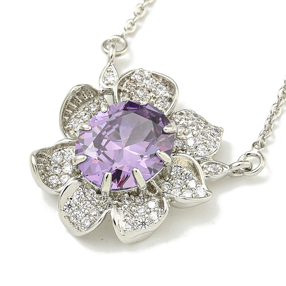 304 из нержавеющей стали кабель цепи ожерелья, латунные прозрачные и сиреневые кубические циркониевые ожерелья с цветочным кулоном