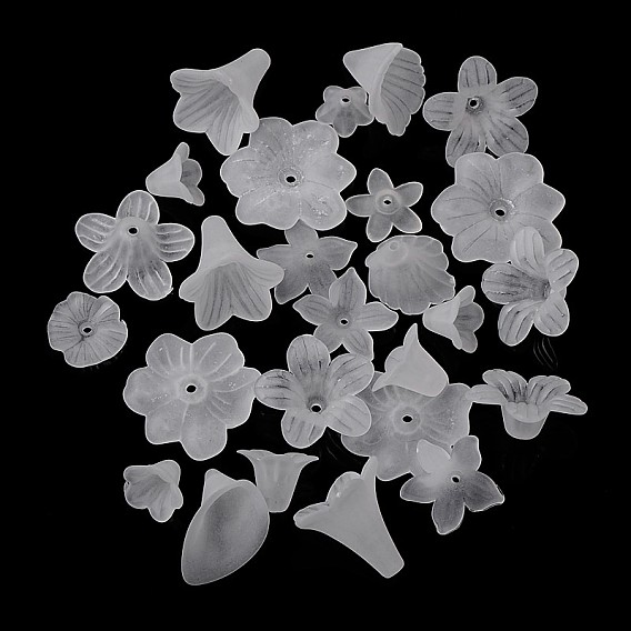 Transparent gefrostetem Acryl-Perlen, Blume Perlkappen, gemischten Stil, 8~35x5~40x7~15 mm, Bohrung: 1~2.5 mm
