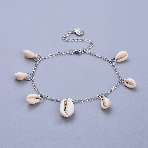 Brass Cable Chain Anklets, with Cowrie Shell and Tibetan Style Alloy Charms