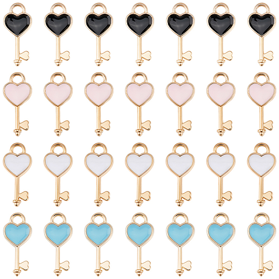 100 шт 4 цвета подвески из сплава, с эмалью, Сердце ключевых, золотой свет