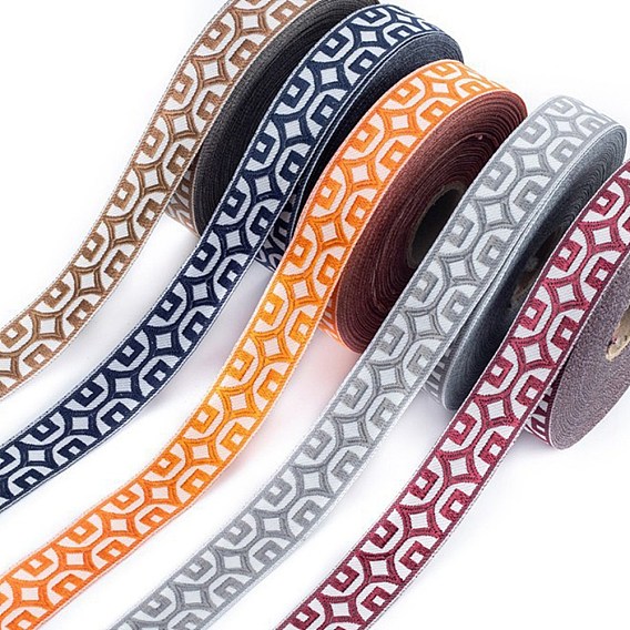 25M Ethnic Style Polyester Embroidery Coin Ribbons, Flat Jacquard Ribbon, Garment Accessories