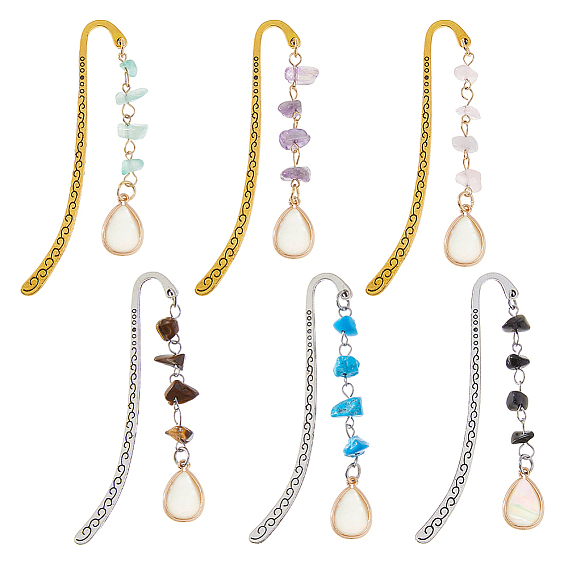 6 закладки из сплава шт., с натуральным и синтетическим драгоценным камнем, слеза, античное серебро