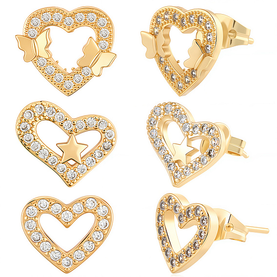3 пары 3 стили латунные серьги-гвоздики с микропаве из прозрачного кубического циркония для женщин, сердце