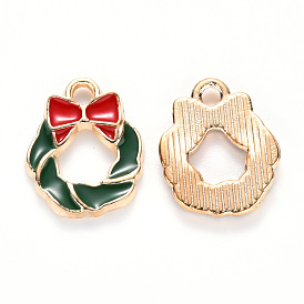 Alloy Enamel Charms, for Christmas, Christmas Wreath with Bowknot, Light Gold
