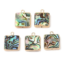 Natural Paua Shell Pendants, Square Charms with Brass Edge