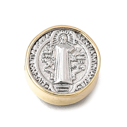 Brass Beads, Flat Round with Saint Benedict, Rack Plating, Long-Lasting Plated, Cadmium Free & Lead Free
