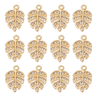 12Pcs Brass Micro Pave Cubic Zirconia Pendants, Leaf Charms, Long-Lasting Plated, Nickel Free, Real 18K Gold Plated