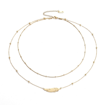 304 Stainless Steel Tiered Necklaces, Double Layer Necklaces, with Satellite Chains, Feather