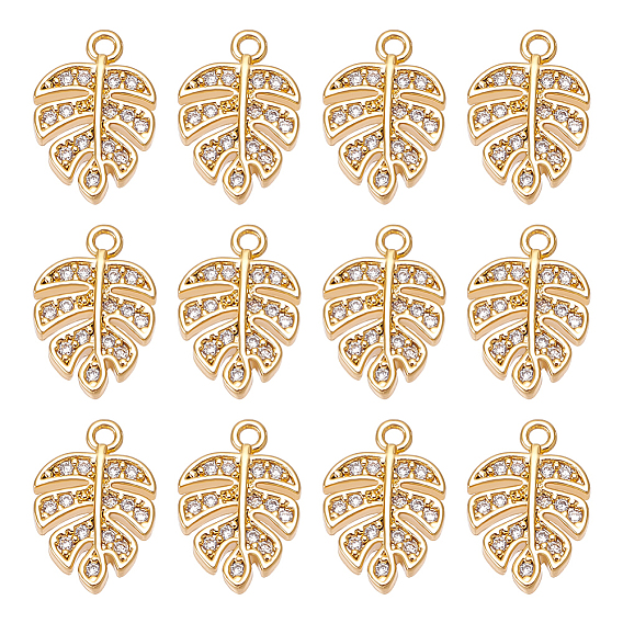 12Pcs Brass Micro Pave Cubic Zirconia Pendants, Leaf Charms, Long-Lasting Plated, Nickel Free, Real 18K Gold Plated