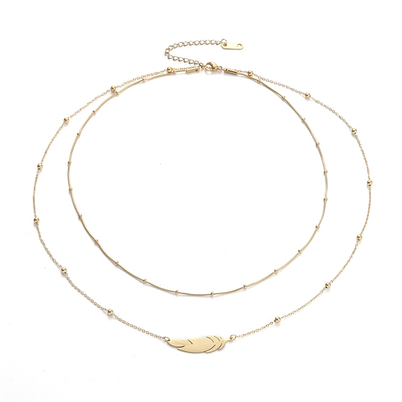 304 Stainless Steel Tiered Necklaces, Double Layer Necklaces, with Satellite Chains, Feather