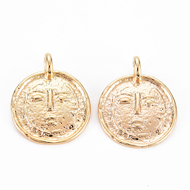 Brass Pendants, Nickel Free, Flat Round with Abstract Face