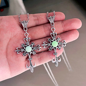 Luminous Glow In The Dark Glass Cross Pendant Necklace, Alloy Jewelry
