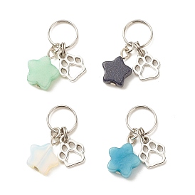 4Pcs 4 Styles Natural & Synthetic Gemstone Pendants, Opalite & Synthetic Blue Goldstone & Natural White Jade, with Dog Paw Alloy and 304 Stainless Steel Findings, Mixed Dyed and Undyed, Star