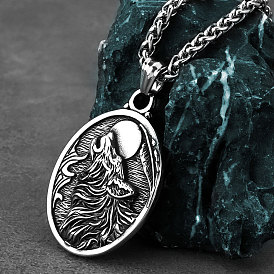 Colliers pour hommes avec pendentif ovale en acier inoxydable et loup