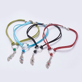 Alloy Linking Rings and Alloy Enamel Pendant Necklaces, with Mixed Gemstone Beads and Faux Suede Cord, Feather