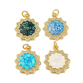 Brass Micro Pave Cubic Zirconia with Synthetic Opal Pendants, Jump Rings, Real 18K Gold Plated, Flower