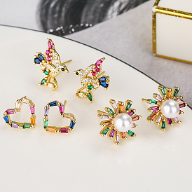 Luxury Geometric Copper Plated Gold Zircon Heart Bird Flower Earrings for Women