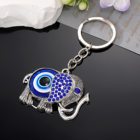 Vintage Ethnic Style Elephant Keychain with Evil Eye Blue Gemstone and Sparkling Rhinestones Pendant