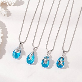 Подвеска в виде капли из морского сплава и граненого стекла, латунная круглая цепочка-змейка для женщин, глубокое синее небо, разнообразные