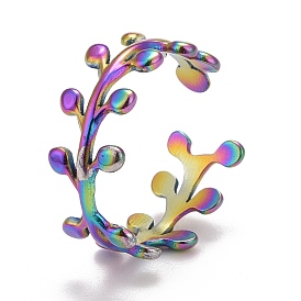 Rainbow Color Ion Plating(IP) 304 Stainless Steel Leaf Wrap Open Cuff Ring for Women