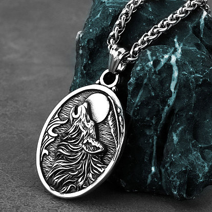 Colliers pour hommes avec pendentif ovale en acier inoxydable et loup