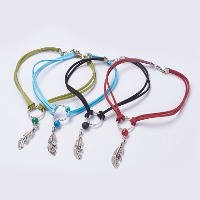 Alloy Linking Rings and Alloy Enamel Pendant Necklaces, with Mixed Gemstone Beads and Faux Suede Cord, Feather