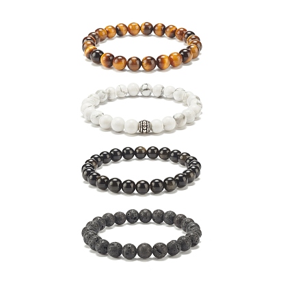 4Pcs 4 Style Natural Gemstone Round Beaded Stretch Bracelets Set for Women