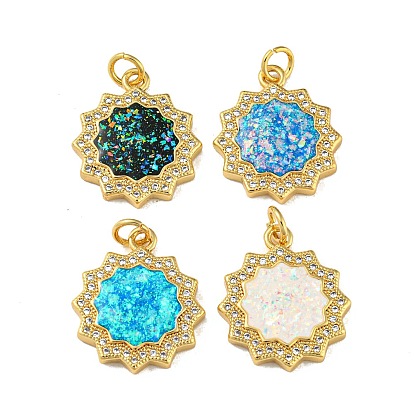 Messing-Mikropflaster mit Zirkonia und synthetischen Opalanhängern, Sprungringe, cadmiumfrei und bleifrei, echt 18 k vergoldet, Blume