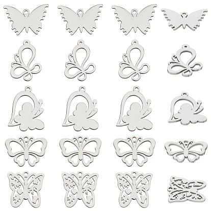 20Pcs 5 Style 304 & 201 Stainless Steel Pendants, Butterfly
