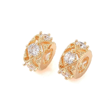 Полые латунные бусины с микропаве, прозрачные европейские бусины с кубическим цирконием, бусины с большим отверстием, со стеклом, плоско-круглые