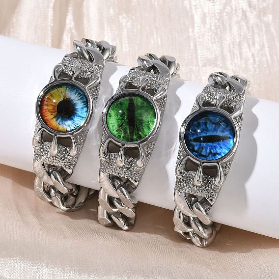 Браслеты из нержавеющей стали 201/304 глаз, браслеты из кубинских цепей для унисекс, со стеклом