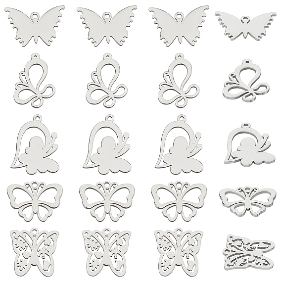 20pcs 5 Stil 304 & 201 Edelstahl-Anhänger, Schmetterling