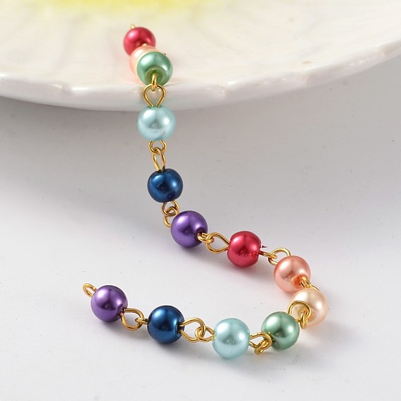 Brass Handmade Glass Pearl Beaded Chains, Unwelded, For Necklaces Bracelets Making, 39.3 inch