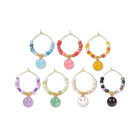 7Pcs Alloy Enamel Flat Round with Smiling Face Charms Wine Glass Charms, with Glass Beads