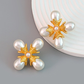 Vintage Alloy Pearl Cross Flower Earrings for Women