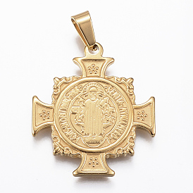 304 Stainless Steel Pendants, Cross with Saint Benedict Medal